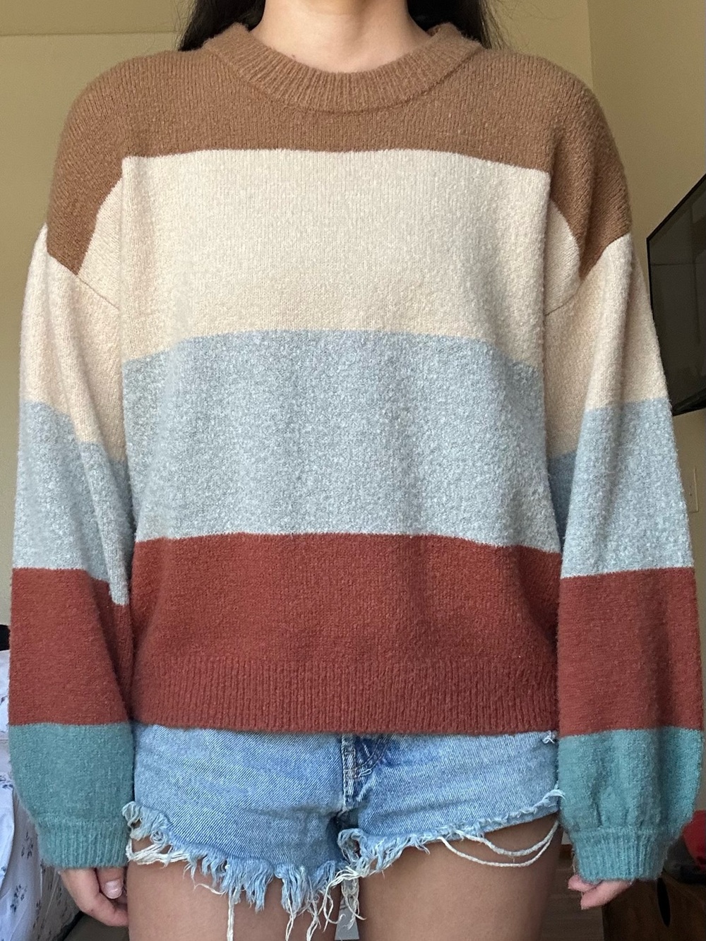 Striped Crewneck Sweater in Cream, Light Blue & Rust